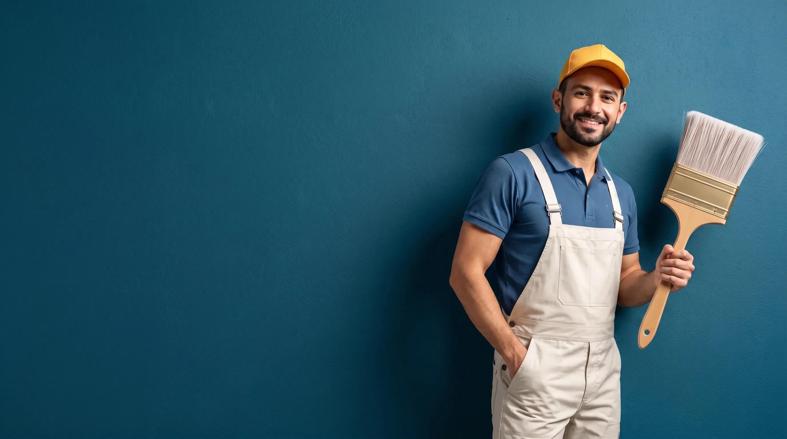 Pintor profissional da Tá de Cara Nova, sorrindo, com trincha grande, sobre fundo azul petróleo